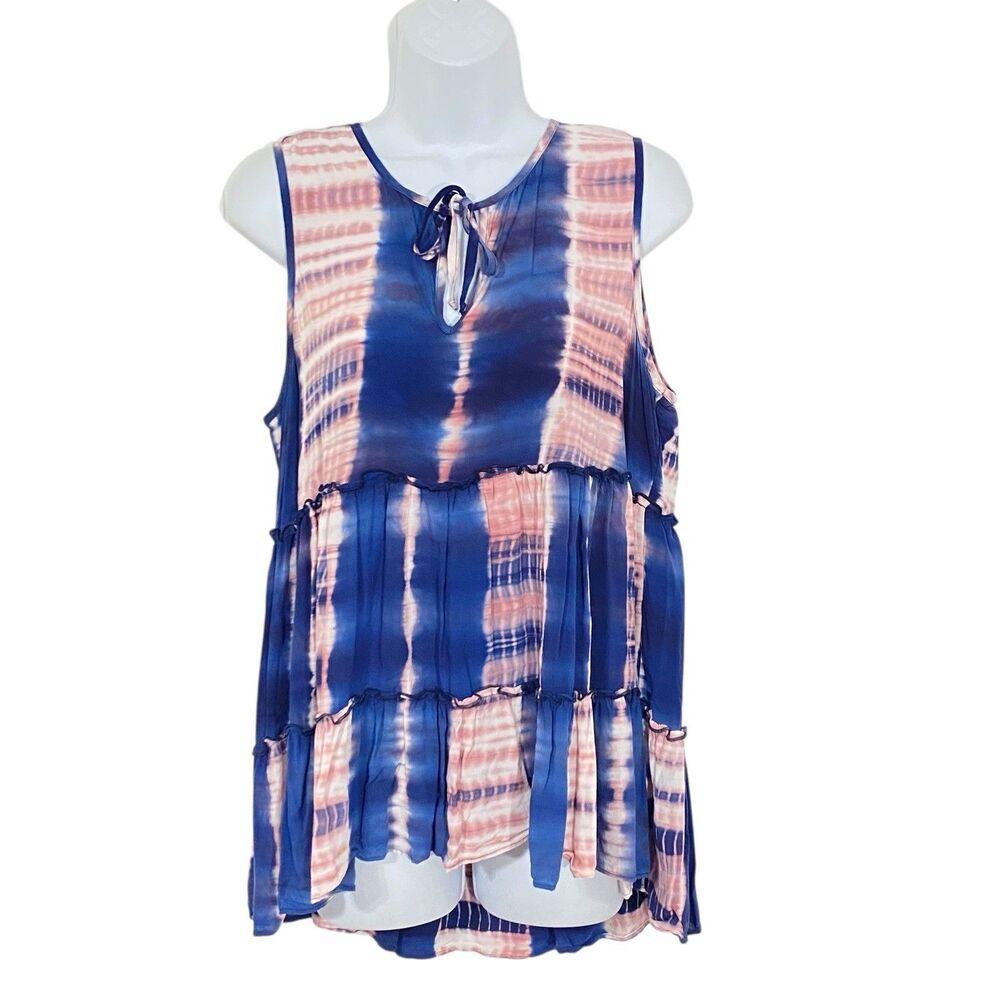 KAREN KANE Rayon M Blue Pink TIE DYE Keyhole Sleeveless Tank GATHERED Top Swing